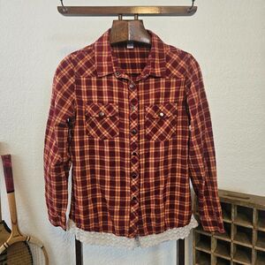 JW Style Lace Trim Plaid Flannel Shirt Womens Large Burgundy Snap Western Blouse